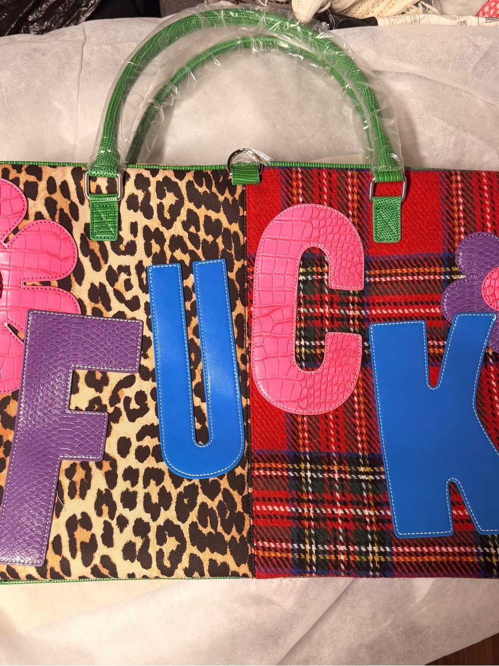 Dolls Kill f u c k  o f f Multicolor Patchwork weekender bag with Green Handles